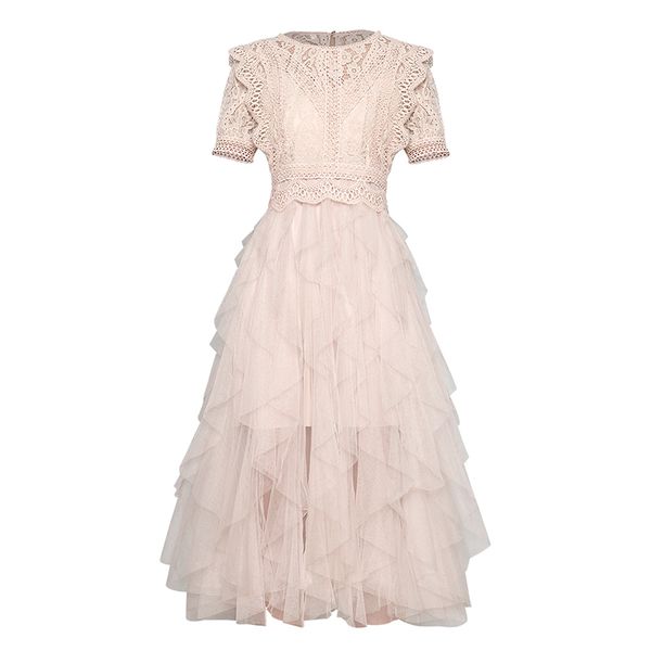 

fashion runway 2019 designer dress women's short sleeve lace patchwork ruffle gauze mid-calf dress, Black;gray