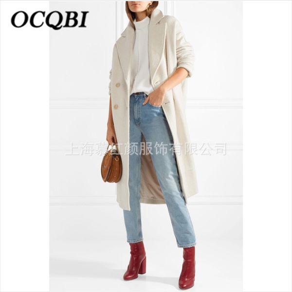 

2019 new arrival women winter woolen coats double breasted elegant fashion white long coat, Black