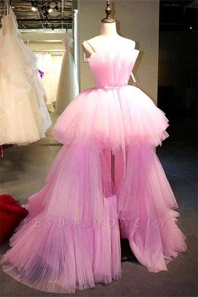 Розовый Тюль линию Длинные платья выпускного вечера 2020 без бретелек Tutu Layered оборками Высокий Низкий развертки поезд вечерние платья Vestidos De Festa BC2894