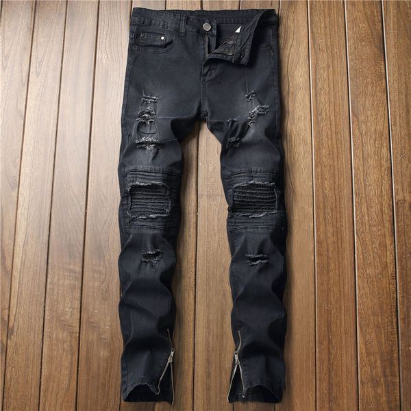 

ripped jeans for men stretch pencil pants with pleated ankle zipper black denim jeans hole motard homme jean men calca masculina, Blue