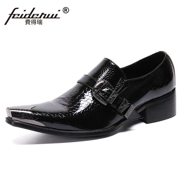 

luxury alligator pattern pointed toe slip on man high heels shoes patent leather monk loafers handmade men's formal flats sl815, Black