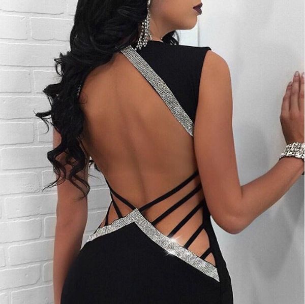 

fashion deep v-neck women bandage bodycon sleeveless backless party cocktail club short mini dress, Black;gray