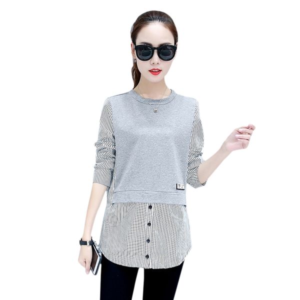 

women's blouses & shirts casual striped patchwork fake two pieces loose shirt women lady female long sleeve, White