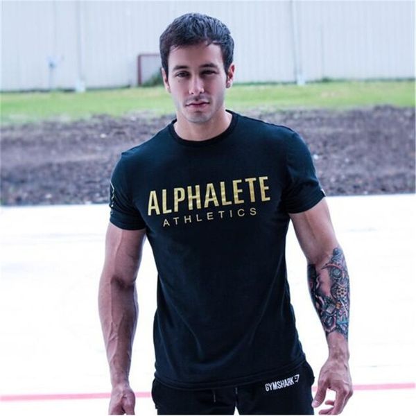 

alphalete 2018 summer new mens gyms t shirt fitness bodybuilding fashion male short cotton clothing brand tee, White;black