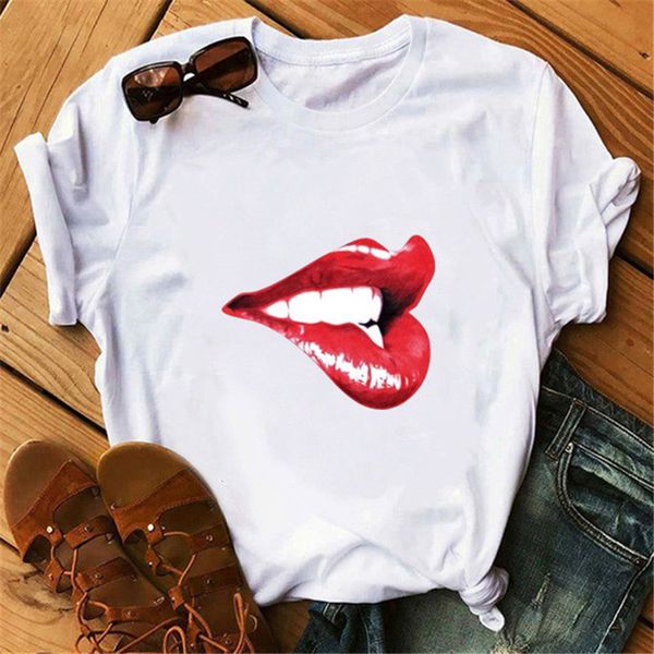 

2020t shirt female short sleeve loose lips printed clothes plus size, White