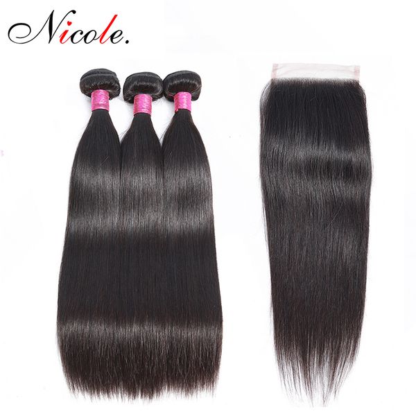 

nicole brazilian 100% human hair straight bundles with closure soft swiss lace double weft natural color 8a remy hair extensions, Black