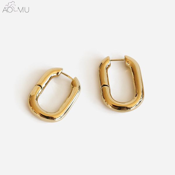 

aomu simple design geometric rectangular lock buckle gold metal plated brass oval chain small hoop earrings for women party, Golden;silver