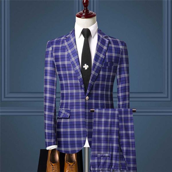 

Men's suits Two-piece (Jackets + Pants) Men's Groom Wedding Dress Plaid Formal Suits Set Men Fashion Casual Business, White;black