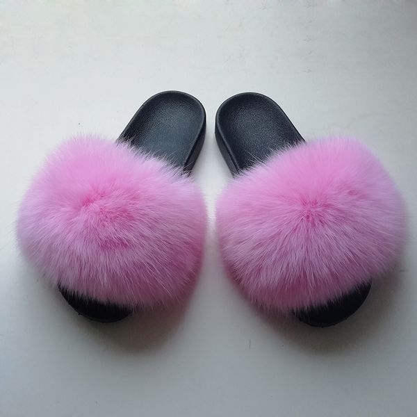 

women fur slippers fluffy sliders real fur slides wide female sandals with home cute plush shoes, Black