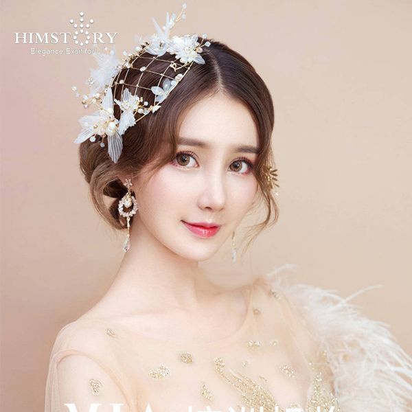 

himstory handmade bridal wedding fedoras hair jewelry flower silk yarn headpieces wedding accessories beautiful hat headwear, Golden;white