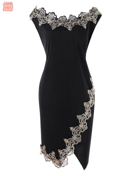 

summer women dresses plus size 5xl flower embroidered trim dress robe asymmetrical office bodycon ladies boat neck sleeveless vestido, Black;gray