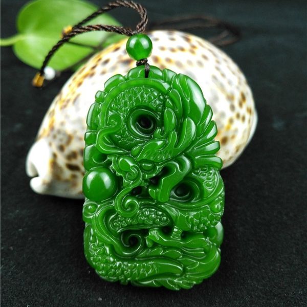 

natural green hetian carved jade stone dragon pendant necklace chinese jadeite jewelry charm reiki amulet gifts for women men, Silver