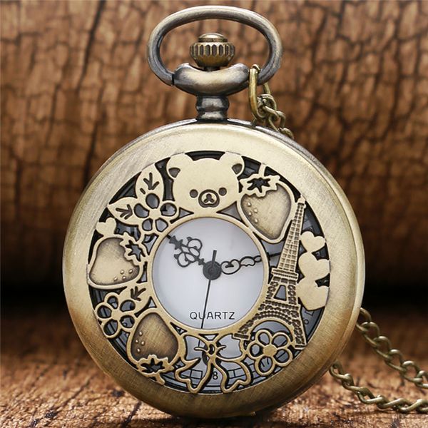 

bronze vinatge pocket watch cute hollow rilakkuma paris eiffel tower pattern with necklace chain quartz movement reloj de bolsillo, Slivery;golden