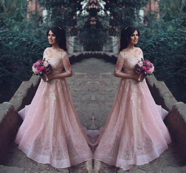 

2019 new pink a line lace romantic prom dresses lace applique v neck 1/2 sleeves floor length organza formal evening gown custom made, Black