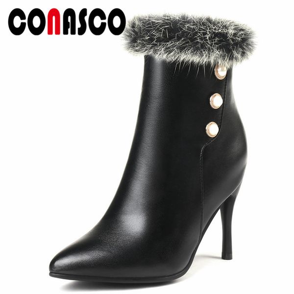 

conasco 2019 new women ankle boots side zipper warm winter snow boots thin high heels short ladies quality shoes woman, Black