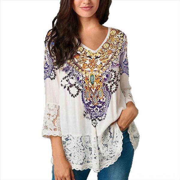 

autumn 2020 t-shirt pullover bohemia street trendsetter cotton pullover v-neck loose women's t-shirt top, White