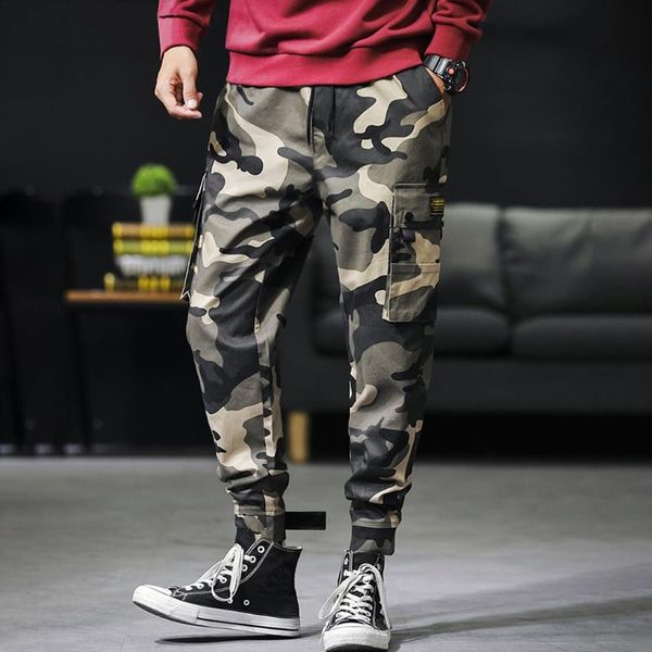 

camouflage print trousers overalls drawstring ankle-length pants pantalones hombre cargo pants trousers men spodnie dresowe, Black