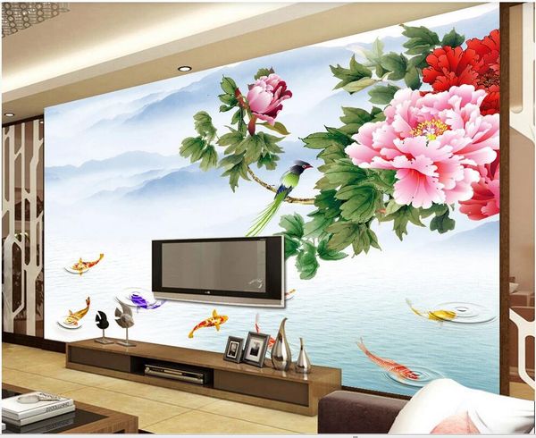 

3d room wallpaper custom p mural peony lake mountain peak background wall decorative painting wallpaper for walls 3 d