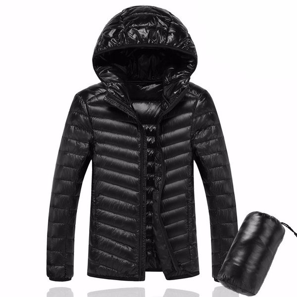 

2019 men hooded ultralight white duck down jacket warm jacket line portable package men pack, Black