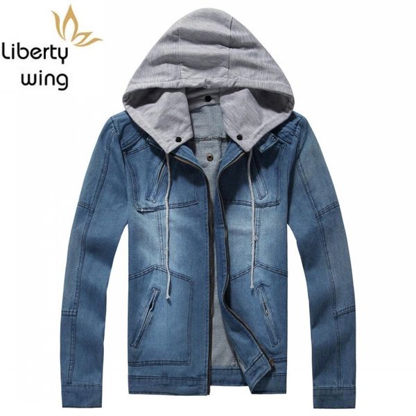 

men's jackets zip hoodies washed hat detachable jeans jacket solid pockets male denim coat blue jaqueta masculina plus size 5xl, Black;brown