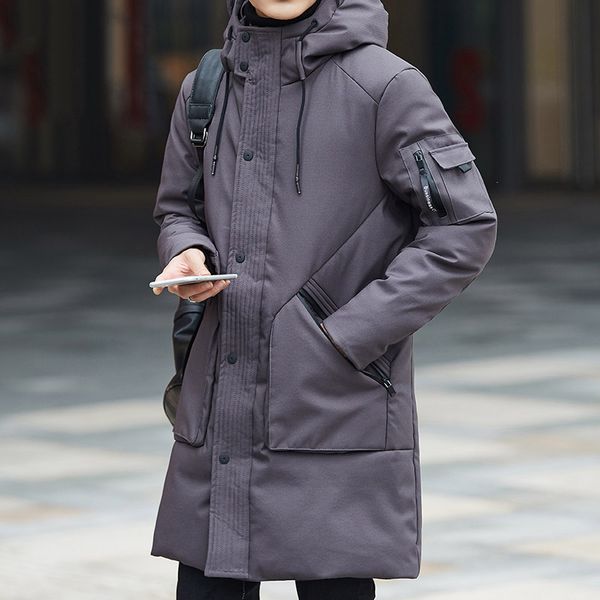 

pockets long down coat men hooded thick warm winter down jacket fashion outerwear new 2020 autumn winter collection plus size, Black