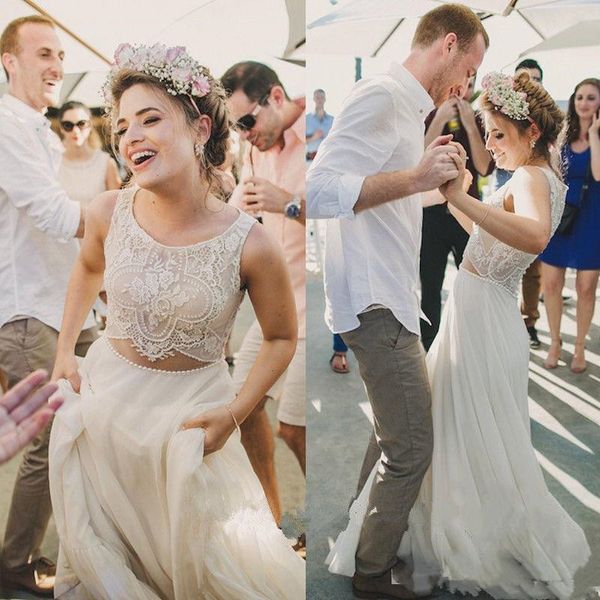 

две пьесы шифон weding платья линия жемчуг бисером талии кружева топ 2019 чешский пляж boho свадебные платья дешевые обручальное платье, White
