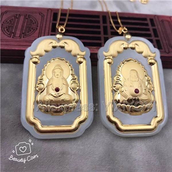 

natural white hetian jade + 18k solid gold inlaid guanyin buddha lucky amulet pendant + necklace fine jewelry certificate, Silver