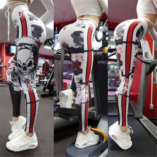 

women heavy metal style tight yoga pants high waist 3d print fitness leggings stretch sports running trousers, White;red