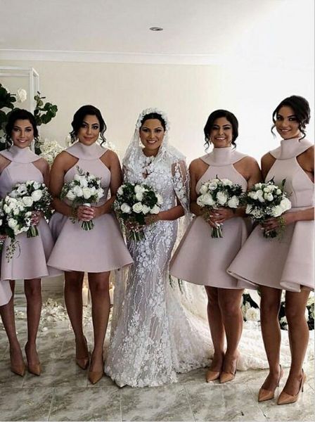 

new arrived bridesmaid dresses special design neck backless with bow women short/mini dresses custom made country bridesmaid dresses cheap, White;pink