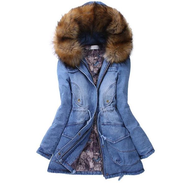 

women winter thickened long coats fashion hooded jean jackets fur warm thickened outerwear casual womens clothing, Black;brown