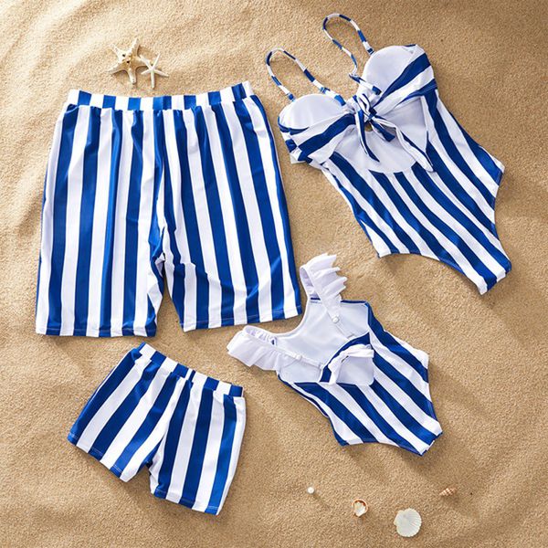 

beach family swimwear striped matching swimsuit mother daughter bikini dad son swim trunks family matching clothes outfits look, Blue