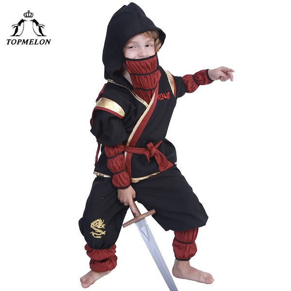

elon little boys ninja cosplay japanese style soldier costume two piece pants with hat halloween kids, Black;red