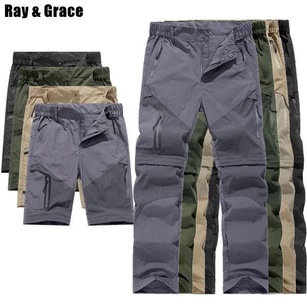 

ray grace men's summer outdoor pants waterproof removable quick dry shorts pockets cargo pants men trekking fishing hiking male, Black;green