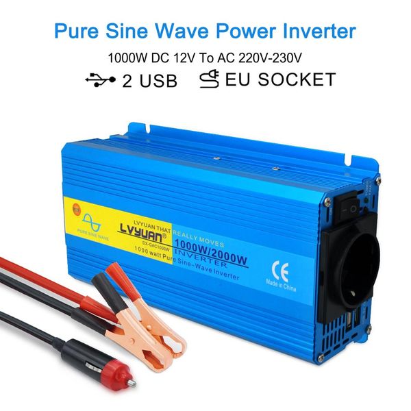 

2000w pure sine wave power inverter dual usb dc 12v to ac 220v 230v car camping boat converter 3.1a 2 usb eu plug