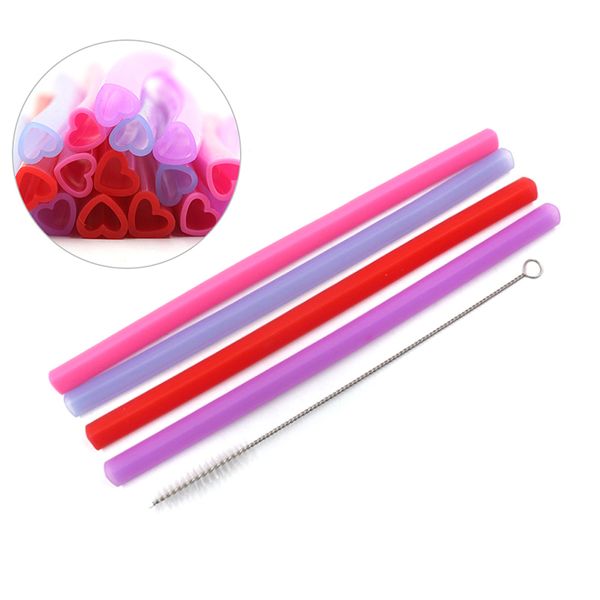 

4x silicone straw set reusable straw drinking with 1x brush portable for mugs love-shaped decorative