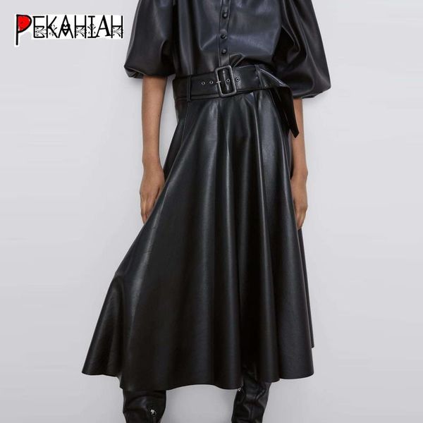 

winter belt faux leather skirt women korean buttons pu leather skirt women elegant office high waist long skirts streetwear, Black