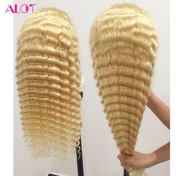 

613 blonde lace front human hair wigs brazilian virgin hair honey blonde deep wave hair transparent lace frontal wigs, Black;brown
