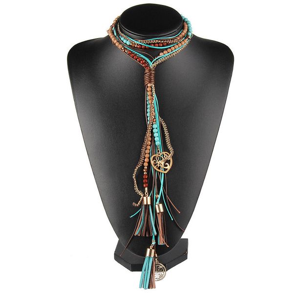 

new fashion 2019 women pendant necklace bohemian vintage ethnic style long tassel leather rope collar necklace, Silver