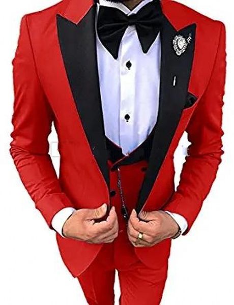 Moda Red noivo smoking preto pico lapela Groomsmen Mens vestido de casamento Excelente Homem Jacket Blazer 3piece Suit (Jacket + Calças + Vest + Tie) 1820