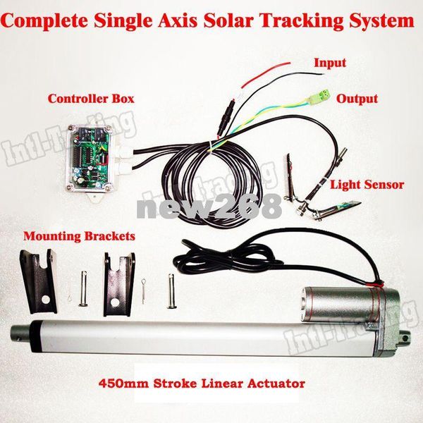 Kit completo Freeshipping: sistema di tracciamento solare ad asse singolo, controller elettronico attuatore lineare DC 12V 450mm / 18 pollici - inseguitore di luce solare