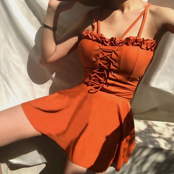 

wli4q 20 one-piece solid color conservative small chest dress swimsuit gathering and covering belly slim dress spring swimsuit fema, White;black