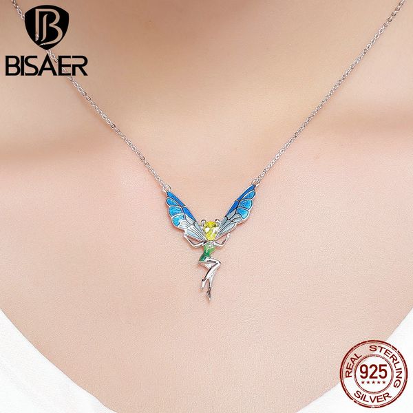 

bisaer 925 sterling silver enamel flying butterfly fairy pendant & necklace silver chain link necklace for women gift gxn253