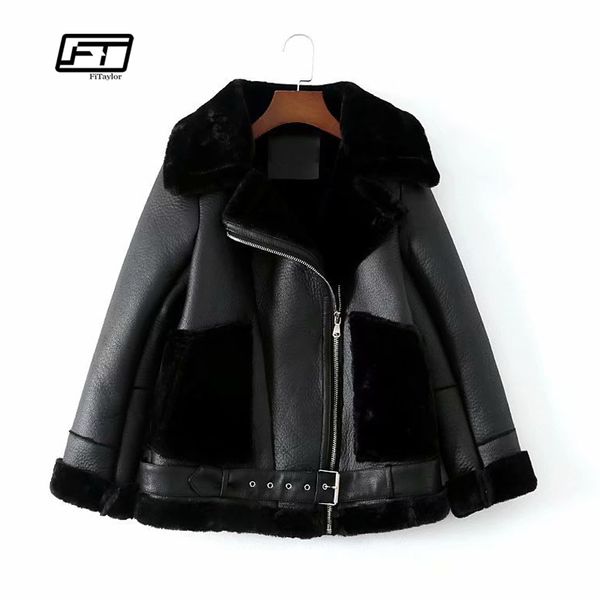

fitaylor women warm faux soft leather lambs wool jacket coats bomber motorcycle punk fur jackets female loose casual outerwear, Black