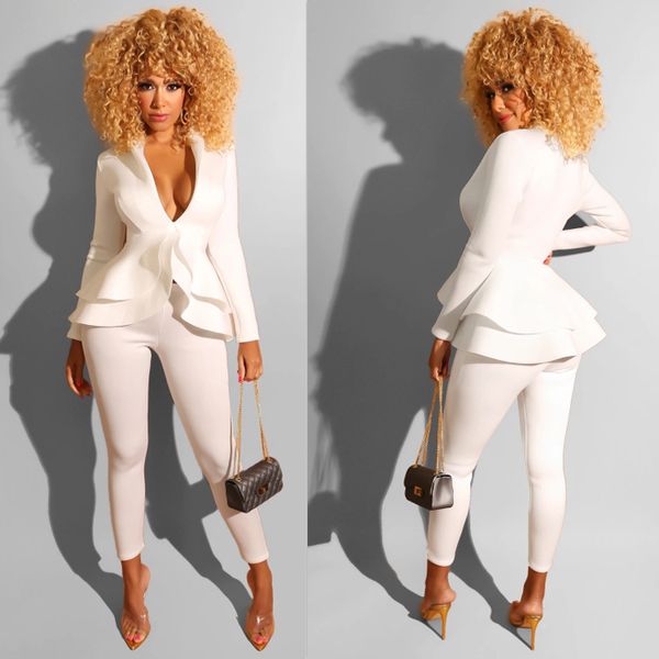 

women suits designer slim solid color two piece pants ruffle tiered + tights pants luxury fashion suits wholesale, White