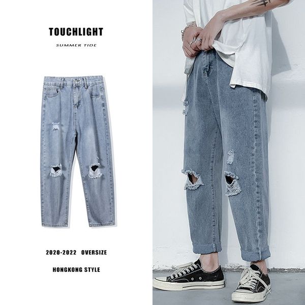

summer straight jeans men's fashion retro casual ripped jeans men trousers streetwear loose hip hop hole denim pants men s-3xl, Blue