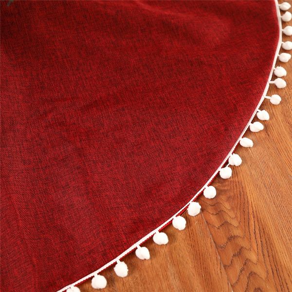 

50inch/127cm pure red christmas tree skirt flax linen cloth white ball edge home decoration new year decor ywyw05