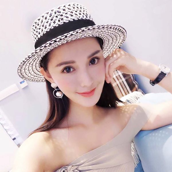 

black and white hollow flat straw straw female summer beach seaside holiday british hat sunshade fashion hat, Blue;gray