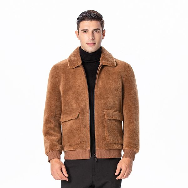 

человек короткого фонд серна вниз шерсти овечки мао yiti зерна вниз сыпучие coat двустороннее одежда pu шинель сыпучего пальто мужчина, Tan;black