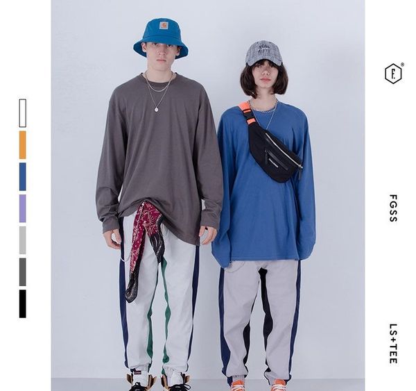 

2019 sweatshirt thin section comfortable paragraph pure color oversize off shoulder male long sleeves t t-shirt, White;black