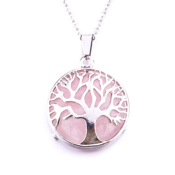 

pendant necklaces diameter 27mm natural gem stone tree of life pendants pink quartz white crystal lapis lazuli tiger eye opal neklace, Silver